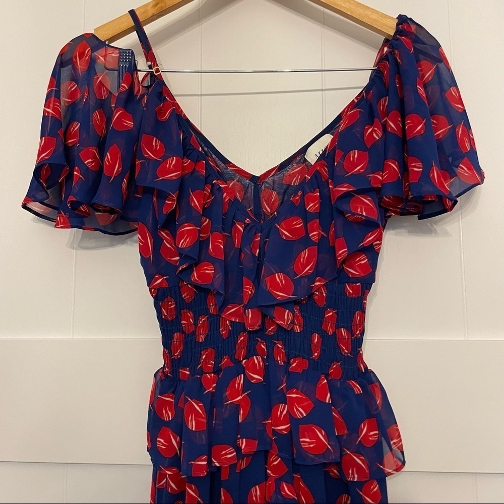 NWT MISA LOS ANGELES Blue Leaf Print Layered Tiered Ruffle Asymmetrical Dress - Picture 6 of 10